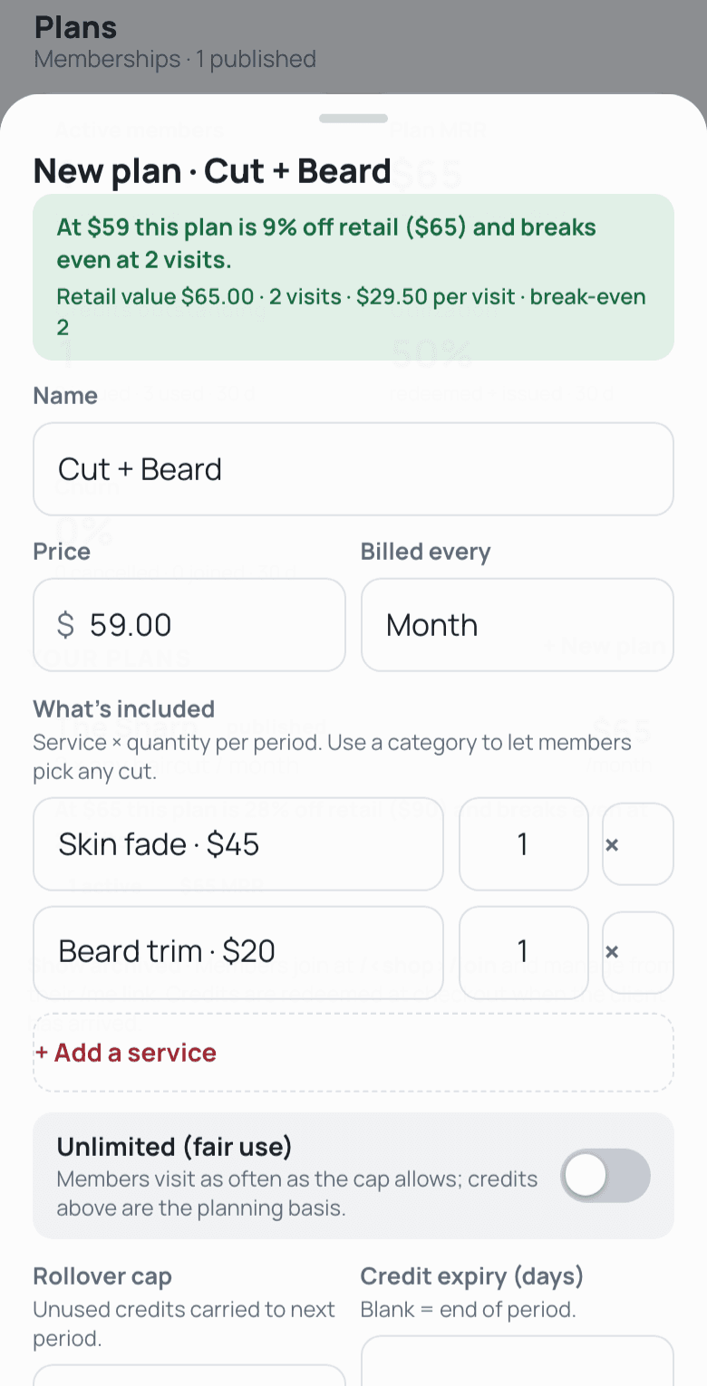Membership plan editor showing the margin readout
